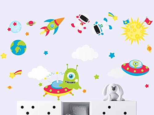 wolga-kreativ Wandtattoo Wandsticker Möbelsticker Aufkleber Wandbild Rakete Alien Weltraum Wanddeko Set Kinderzimmer Spielzimmer Babyzimmer Mädchen Junge-n Baby Zimmer