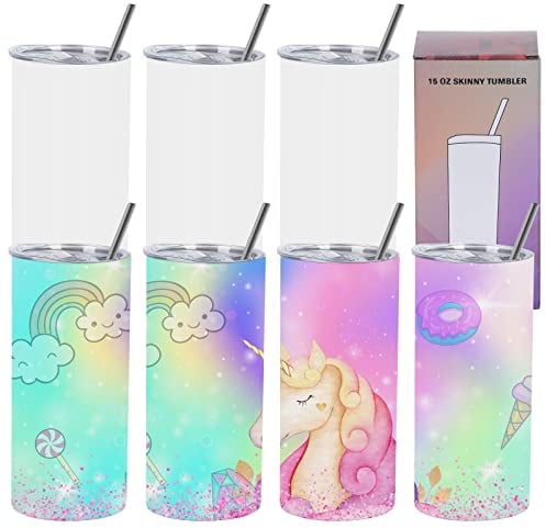 Wzaytia 15 Oz Sublimation Tumblers Blank (8 Pack), Skinny Straight Kids Sublimation Tumblers Bulk, Individually Gift Boxed, White Tumblers Sublimation