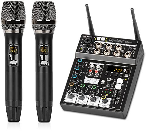 Depusheng GT6-M - Mixer audio, console audio a 6 canali con due microfoni wireless, console soundboard Bluetooth USB DJ mixing per karaoke party computer studio