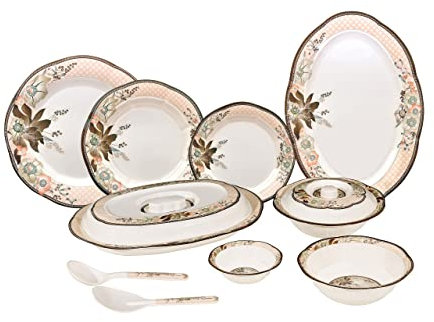 36 Piece Melamine Dinnerware Contemporary Flower Print Design Set, Shatterproof, Lightweight, Artisanal Double Bead Plates & Bowls, Solid Reactive Glazes Dinner (Brown & Orange)