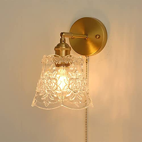 UOPYNE French Light Luxury Glass Wall Mount Light Vintage Wall Sconce with Pull Chain Switch Modern Bedroom Bedside Wall Lamp With Brass Base Wall Sconces E27 Lights for Living Room Study