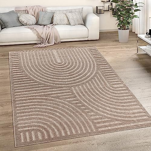 Paco Home Outdoor Teppich wetterfest & langlebig Moderne Boho-Designs mit 3D-Effekt Skandi-Look UV-beständig & robust für Balkon, Garten, Wohnzimmer & Küche, Grösse:200 cm Rund, Farbe:Beige 4