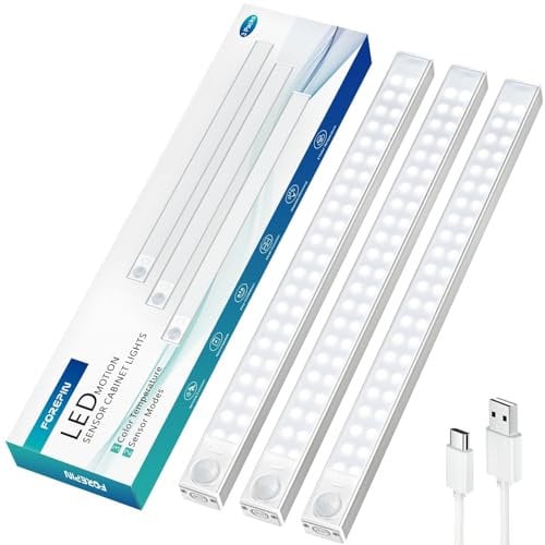 Forepin Unterbauleuchte Küche Led 30CM, 3 Stück 2000mAh Schrankbeleuchtung mit Bewegungsmelder Innen, Wiederaufladbar Schranklicht, 88LEDs Küchenlampe für Kleiderschrank, Treppe, Werkbank, Küche