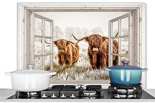 KitchenYeah© Paraschizzi Paraspruzzi per Cucina Lamiera Alluminio 90x60 cm Alzatina Top Decorazioni Cucine Vista Trasparente - Highlander Scozzese - Animali