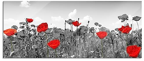 Pixxprint Glasbild Panorama, Wandbild aus Echtglas, schöner rot leuchtender Mohn, 100x40 cm, inkl. Aufhängung und Abstandshalter