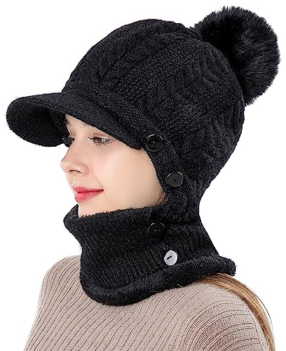 WANYIG 2 in 1 Winter Strickmütze Schal Mütze Set Winddichte Wintermütze Damen Fliegermütze mit Ohrenschutz Warm Skimütze mit Schal Bommel Plüschfutter(07 Schwarz)