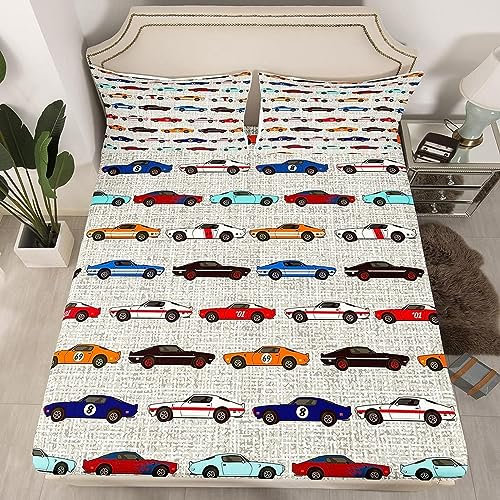 3D Cartoon-Auto Spannbettlaken 120x200cm, Cartoon-Auto Bettlaken für Kinder Erwachsene, Bettlaken Spannbetttuch 120x200cm für Matratze bis 30 cm Höhe mit 1 x Kissenbezügen