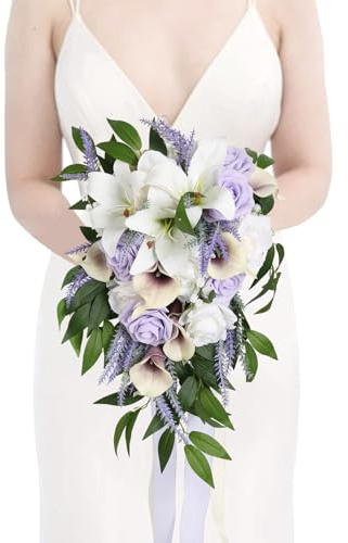 INSUNSIX Bouquet da sposa, bouquet da sposa a cascata da 28 cm, bouquet da sposa per cerimonia nuziale e anniversario (Lilla e bianco)