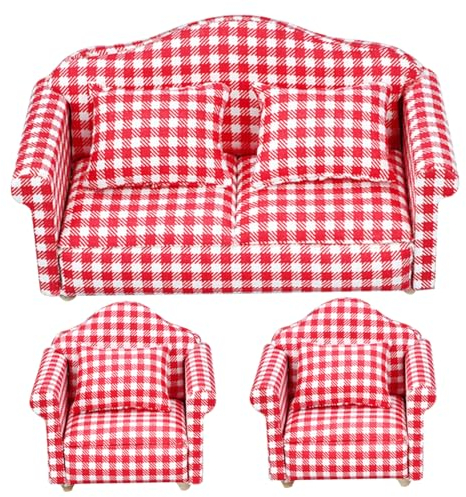 Puppenhaus-Couch mit Kissen,3-teiliges Mini-Puppenhaus-Sofa,Maßstab 1:12,Puppenhaus-Möbel und Zubehör,Spielzeug,Wohnzimmer-Sessel,rot Karierter Stil