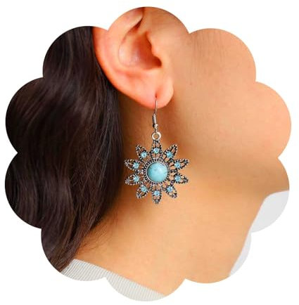 Dervivea Boho Türkis Blume Baumeln Ohrringe Silber Saphir Blume Ohrringe Stammes-Türkis Ohrringe Ethnischen Türkis Tropfen Ohrringe Blauen Stein Ohrringe Schmuck Für Frauen Und Mädchen