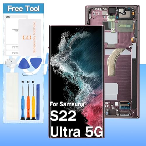 Yondista Écran tactile de rechange pour Samsung Galaxy S22 Ultra 5G 6,8 OLED SM-G908a, SM-S908u, SM-S908w LCD avec outils (bordeaux avec cadre)