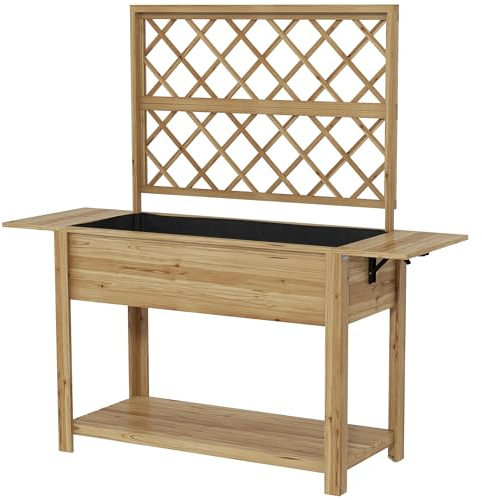 Outsunny Jardinière rectangulaire sur Pieds - Potager surélevé avec Treillis - 1 étagère inférieure et 2 tablettes latérales rabattables - Bois dim. 140L x 45D x 151H cm