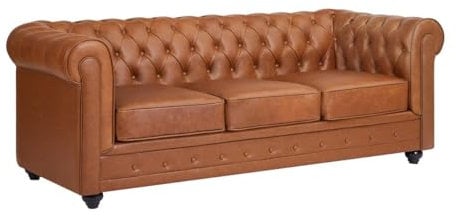 Vente-unique-Sofá 3 plazas de Piel de Vaca Color Camel Chesterfield