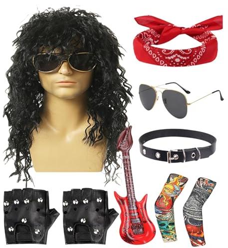 Curly Rock Perücke - Rocker Kostüm, Stoff Stirnband | 2pcs Ärmel Punk Handschuhe, Bandana Sonnenbrille Hals Kragen Aufblasbare Gitarre, Disco Perücke Kostüm Zubehör Set für Rollenspiel, Karneval