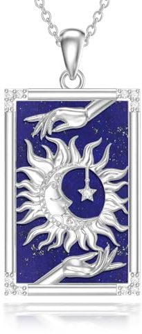 enjoylifecreative Damen Sonne Mond Stern Halskette 925 Sterling Silber Tarotkarte Lapislazuli Anhänger Kette Sonne Mond Schmuck Geschenk für Frauen Mädchen