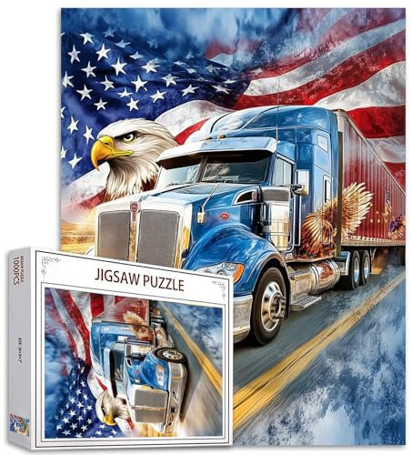 1000 Piece Jigsaw Puzzles for Adults,American Logo Elements Jigsaw Puzzles，American Flag Bald Eagle Puzzle，Challenging Family Activity for Game Nights，Truck on The Highway Puzzle Decor
