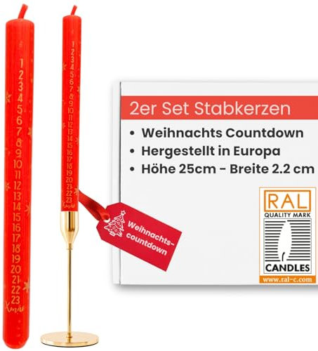 2er Set Adventskerzen Weihnachtskerzen 1-24 Weihnachts-Countdown Stabkerzen rot Adventskalender Kerzen-Set mit Zahlen Weihnachtsdeko & Geschenkidee 7h Brenndauer für Adventskranz
