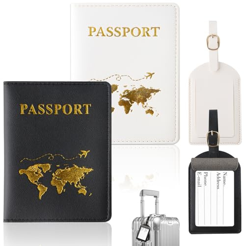 ZDNT Reisepasshülle,2 Stück Reisepasshülle mit 2 Kofferanhänger,Passport Holder,Passport Cover,Passport Hülle,Reisepasshülle Kofferanhänger für Kreditkarten,Ausweis und Reisedokumente (Schwarz,weiß)