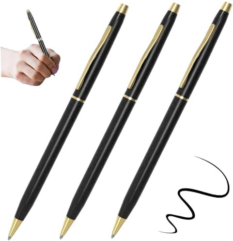CAKEEYUM Kugelschreiber Schwarze Tinte 3 Stück 1mm Spitze Edelstahl Kugelschreiber mit Clip Exquisite schwarz & Gold 5 Länge schmale Stifte für Schule, Büro, Geschäft Metallkugelschre