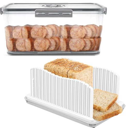 Bread Box and Bread Slicer Set,Portable Reusable Toast Slicer Airtight Bread Storage Container with Time Recording and Lid,Homemade Bread Organizer Box for Sourdough Bread Bagel Cake,32.5*22.5*15.5cm