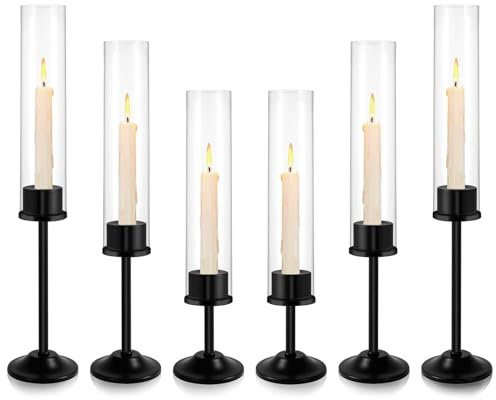 Hurricane Kerzenhalter 3er Set, Metall Kegelkerzenhalter mit Glas Kerzenschirm, Modern Hurricane Kerzenhalter, Geeignet für Esstisch Wohnzimmer Kamin Dekoration (Schwarz, 6er Set)