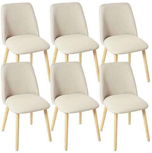 Goeurvant Chaise Beige Pieds Bois Lot de 6 Chaises rembourrées Salle à Manger, Chaise de Salon en Polyester pour Cuisine, Bureau