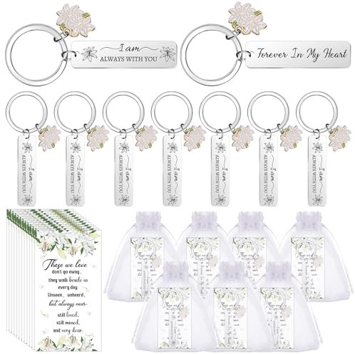 Kklolai Set di 12 portachiavi commemorativi per bomboniera funeraria, poesia commemorativa, biglietti con sacchetti in organza, portachiavi per la perdita di una persona cara, ricordo degli ospiti