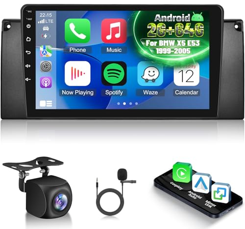 Android Radio Coche para BMW X5 E53 1999-2005 con Wireless Carplay y Android Auto, Radio de Coche con Pantalla Táctil HD de 9 Pulgadas con GPS/WiFi/Bluetooth/EQ/FM RDS