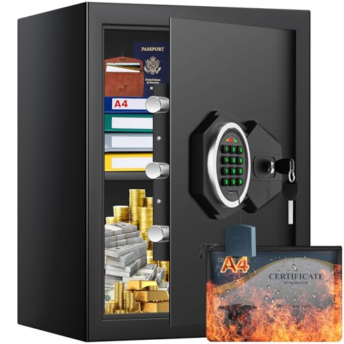 Mejasg 43.4L Home Safe Box with Code, A4 Fireproof Bag and Backlit Keypad | Electronic Combination Lock, Alarm & Silent Mode, Removable Shelf, Anti-Theft Steel, Large Digital Safes for Home A4 Document