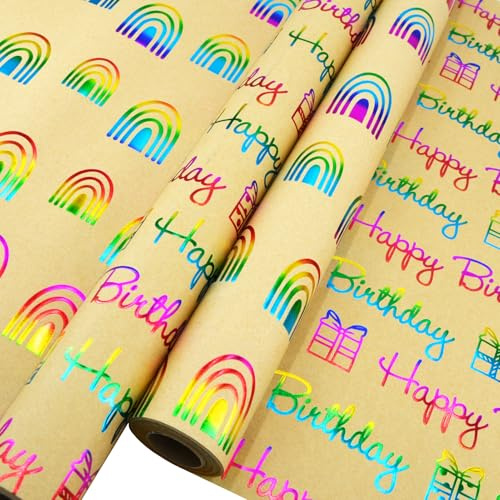 Fassory Lot de 2 rouleaux de papier cadeau d'anniversaire de 20 m – 43 cm x 10 m de papier cadeau kraft avec motifs imprimés brillants de couleur arc-en-ciel (arc-en-ciel anniversaire)