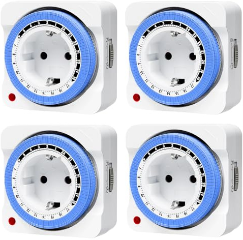 Mechanische Zeitschaltuhr Steckdose, 4er Set 24-Stunden-Programm Analoge Zeitschalt-Steckdose mit 96 Segmenten 15 min Schaltintervall, für Saisonbeleuchtung, Feiertagsdekorationen, Wachsen Licht, Blau