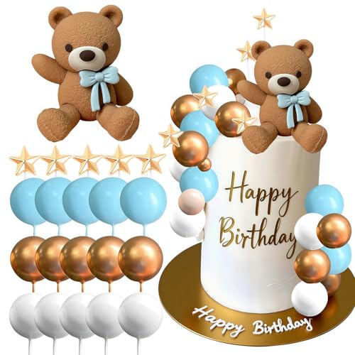 Bear Cake Decoration, 21pcs Beige Brown Balls Cake Decoration | Luxury Baby Shower, Topper Boho Cake, Bear Baby Shower Party Supplies Teddy Bear (21, Dark Brown Blue)