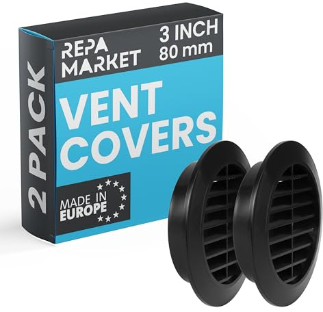 Repa Market 80mm Pack of 2 Black Vent Cover with Mesh Screen - Plastic Soffit Ventilation Grill - Louvered Vent for Indoor, Outdoor Wall Ducting - HVAC Louvre Grille for Kitchen, Bathroom