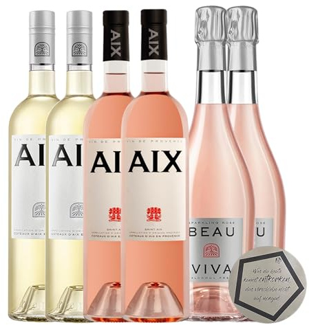 AIX & Beau Viva | Weinpaket für jeden Anlass | 2× Rose 2024 13% vol, 2× White 2024 12% vol & 2× Beau Viva 0,0% vol | 6×0,75 l | Südfrankreich | inkl. LOVEVINO Silver Button Sticker