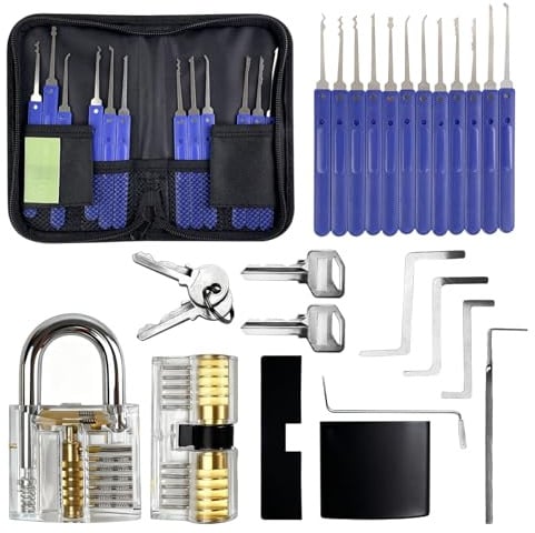 VELLUSTRA Lockpicking Set, 17-Teiliges Dietrich Set mit 2 Transparentem Schlösser und 2 Schwarze Verschlusshülsen, Edelstahl ist langlebig, Anleitung für Schlosserei, Anfänger und Profisrleicht