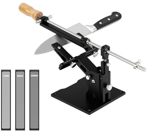 Guided Knife Sharpening System Kit, Heavy-Duty Aluminum Knife Sharpener Tool with 3 Diamond Stones, 360° Adjustable Flip Dual Clamp, Grinding Machine for Kitchen Cutter, Fruit Cutter