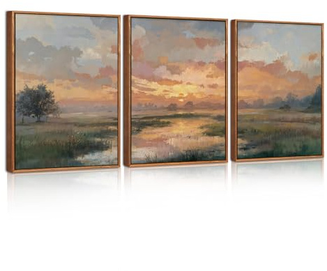 BINCUE 3 Stück Wald Wandbilder Abstrakt,Waldberg Bilder mit Rahmen Natur Sonnenuntergang,Abstrakt Natur Waldansichten Wanddeko Fluss und Grasland,Moderne Deko für Wohnzimmer Schlafzimmer Büro,30x40cm