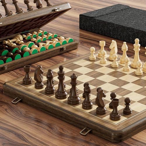 15 Inch Magnetic Wooden Chess Set, Rubberwood Folding Chessboard with Brown Dual-Sided Storage Trays, 2 Extra Ladies & Dust-Proof Bag, Portable Travel Board Game(Vintage)