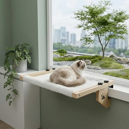TLDBATICE Hamaca Gato Ventana, Cama Ventana para Gatos de Madera con Cojín de Felpa Lavable, Cama Ventana para Gatos Sin Necesidad de Taladrar