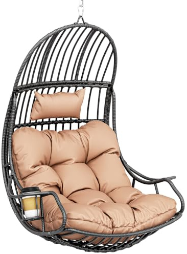 YITAHOME Hängesessel Eierschaukel 150 kg Belastbarkeit, Rattan Schaukelsessel mit Kissen & Getränkehalter, Hängekorbstuhl für Garten, Terrasse, Balkon, Wohnzimmer, Braun
