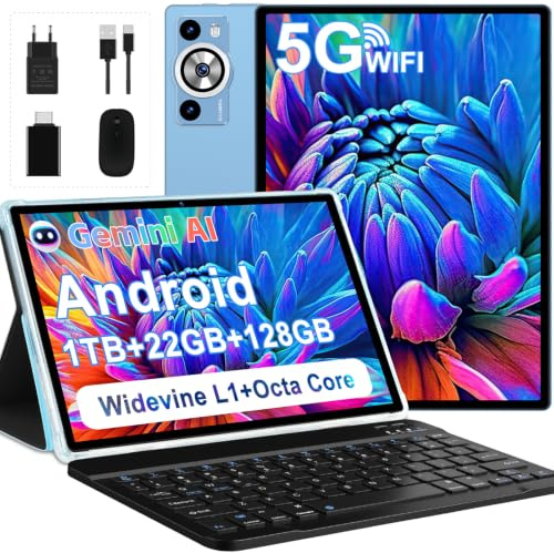 DEERTiME 2026 Tablette Android AI,10.1 Pouces 22Go RAM+128Go ROM(TF 1To),8 Cœurs 2.0GHz,5G WiFi Tablette GMS,8000mAh/WideVine L1/Netflix FHD/BT5.0/GPS/Tablette 2 en 1 avec Clavier Souris-Bleu