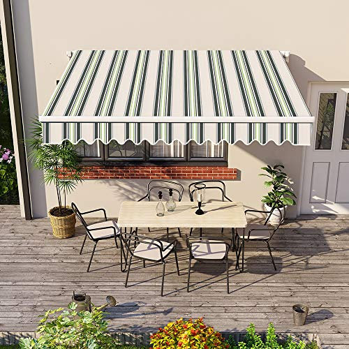 Green Bay 4 x 3m DIY Patio Retractable Manual Awning Garden Sun Shade Canopy Gazebo Multi-Stripe with Fittings and Crank Handle