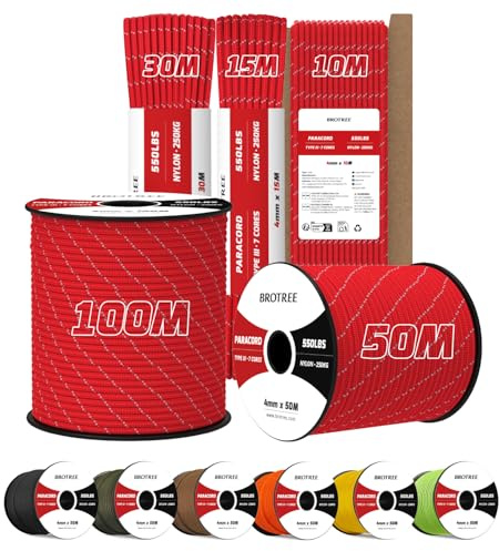 Brotree 4mm Paracorde 550 7 Brins Corde en Nylon 50M Type III Corde Parachute pour Survie, Extérieur, Bricolage - 250kg Charge de Rupture (Rouge)