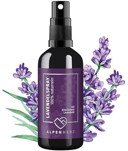 Alpen Herz Lavendelspray - 100 ml naturrein mit ätherischem Lavendelöl - für Kopfkissen Raumduft Kissenspray Duftspray Toilette Duftspray Toilette WC Duft Yoga Spray Geschenk