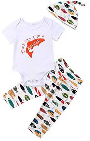 Geagodelia 3tlg Babykleidung Set Baby Jungen Kleidung Outfit Body Strampler + Hose + Mütze Neugeborene Kleinkinder Weiche Babyset Tier (0-3 Monate, Fisch (Weiß 573 - Kurzarm))