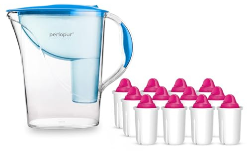 perlopur® Wasserfilter Standard (blau) +12 Filterkartuschen AquaMag | 2,4 l gesamt, 1,2 l gefiltert, kompakt, stabil, BPA-frei, für classic Kartuschen, Magnesium-Zugabe, ideal für Kaltgetränke