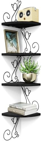 Alsonerbay Corner Shelf Wall Mount of 4 Tier Corner Shelves Rustic Wood Floating Shelf Cat Shape Metal Corner Stand for Bedroom Living Room Bathroom Kitchen Office and More Black