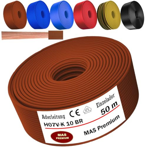 MAS Premium Cavo da 5 a 100 m H07 V-K 10 mm², nero, marrone, blu scuro, verde, blu chiaro o rosso, cavo singolo flessibile (marrone, 50 m)