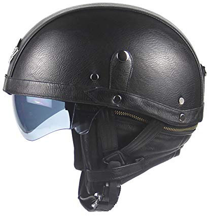 Casque de Moto Vintage Cuir avec Visière Lunettes,Retro Style Allemand Certifié ECE Casque de Moto Casque Moto Bols pour Homme et Femme Adultes Demi-Casques A,56~61cm