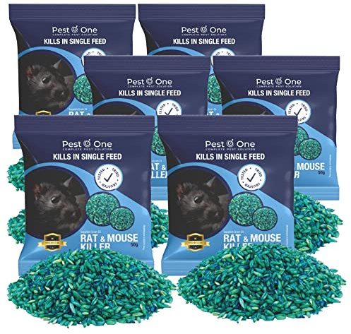 Rat & Mouse Poison Bait Grains - Maximum Strength Rodent Control, Single Feed Kill - All-Weather Brodifacoum 0.0025%, 300g (6 x 50g) - Fast Action, Effective for Mice & Rats, Indoor & Outdoor Use